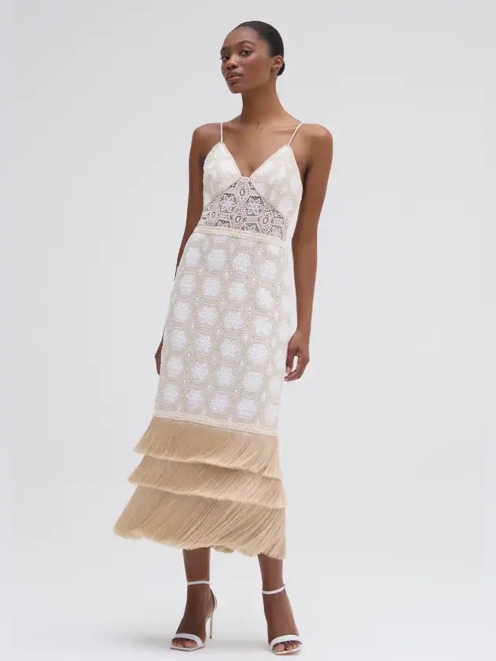 PatBO | Natural Crochet Plunge Fringe Midi Dress Size: Small